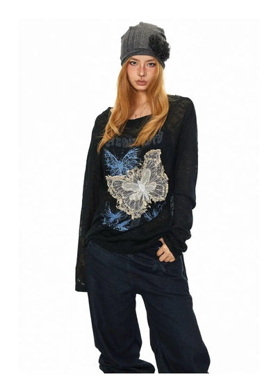 BB Butterfly Embroidery Slant Shoulder Long Sleeve T-Shirt-korean-fashion-T-Shirt-BB's Closet-OH Garments