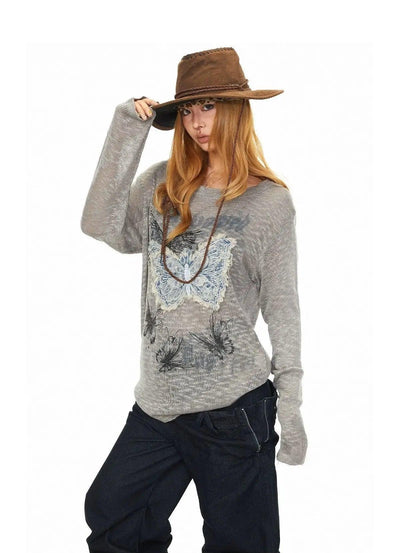 BB Butterfly Embroidery Slant Shoulder Long Sleeve T-Shirt-korean-fashion-T-Shirt-BB's Closet-OH Garments