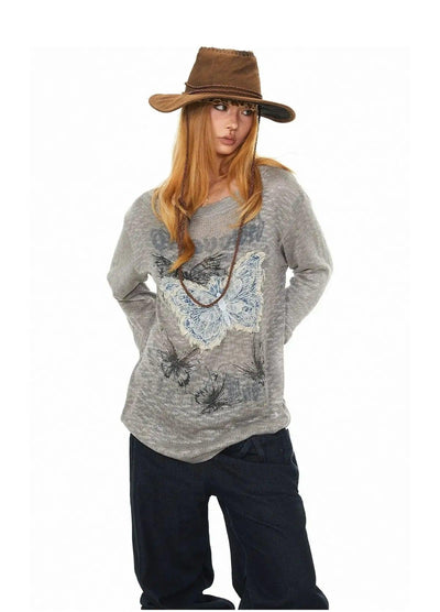 BB Butterfly Embroidery Slant Shoulder Long Sleeve T-Shirt-korean-fashion-T-Shirt-BB's Closet-OH Garments