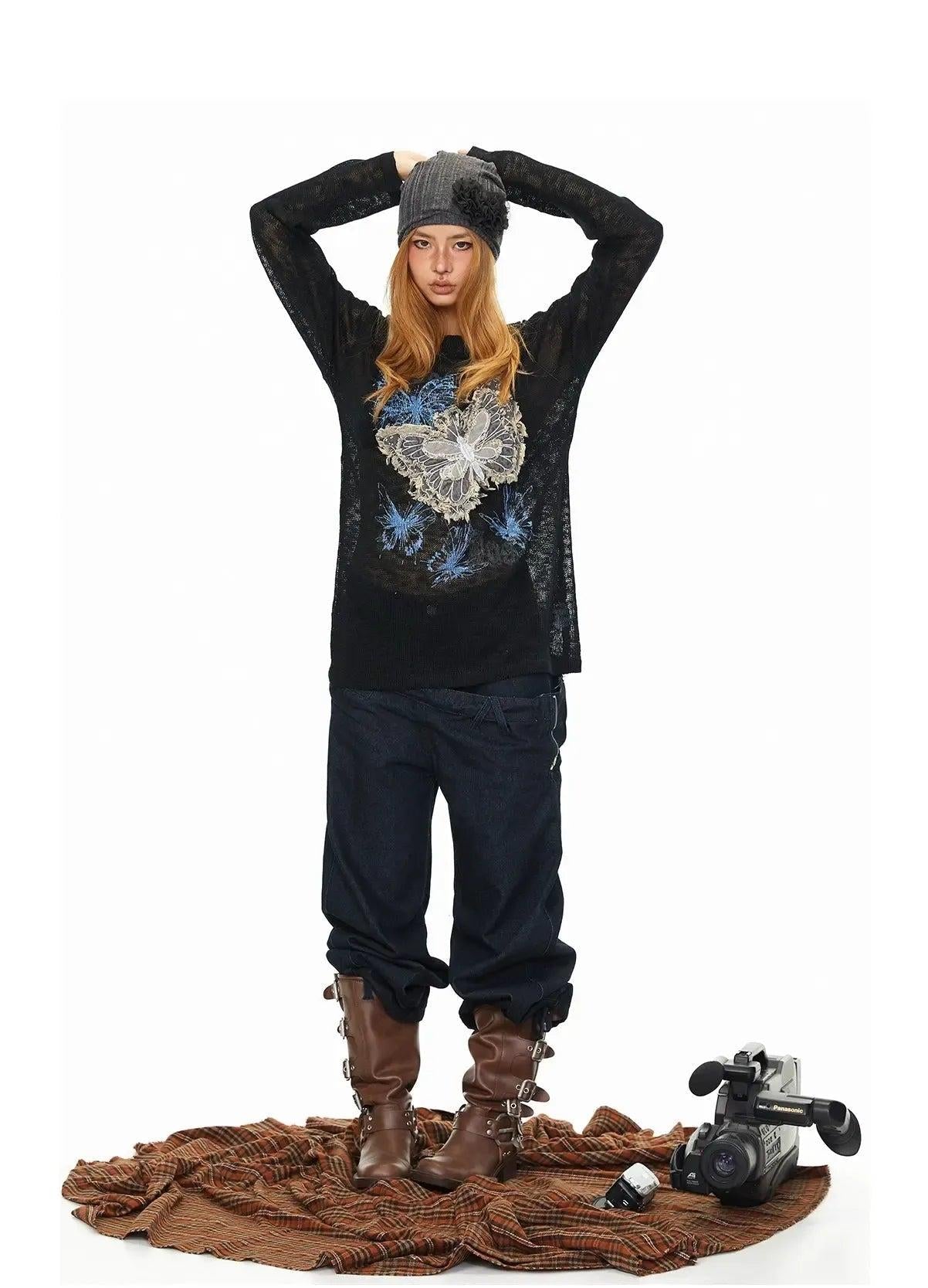 BB Butterfly Embroidery Slant Shoulder Long Sleeve T-Shirt-korean-fashion-T-Shirt-BB's Closet-OH Garments