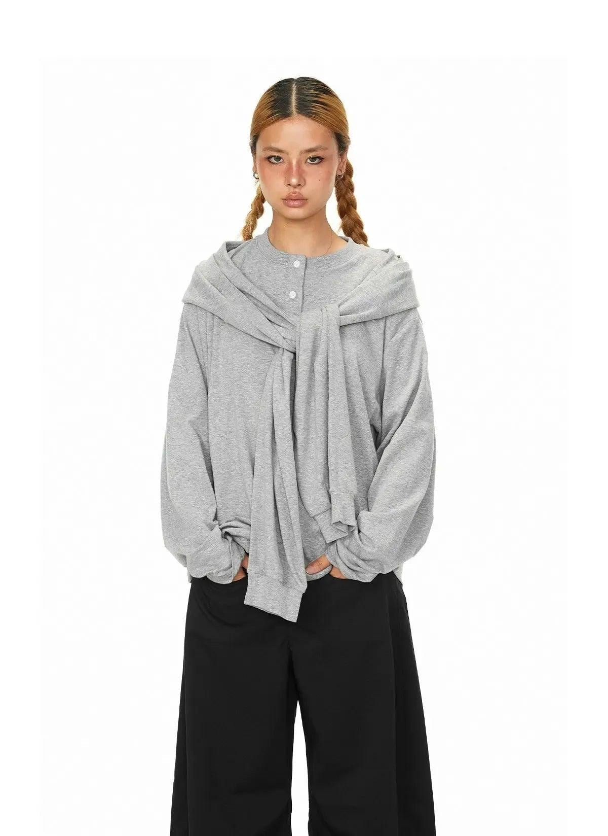 BB Buttoned Shawl Detail Long Sleeve T-Shirt-korean-fashion-T-Shirt-BB's Closet-OH Garments