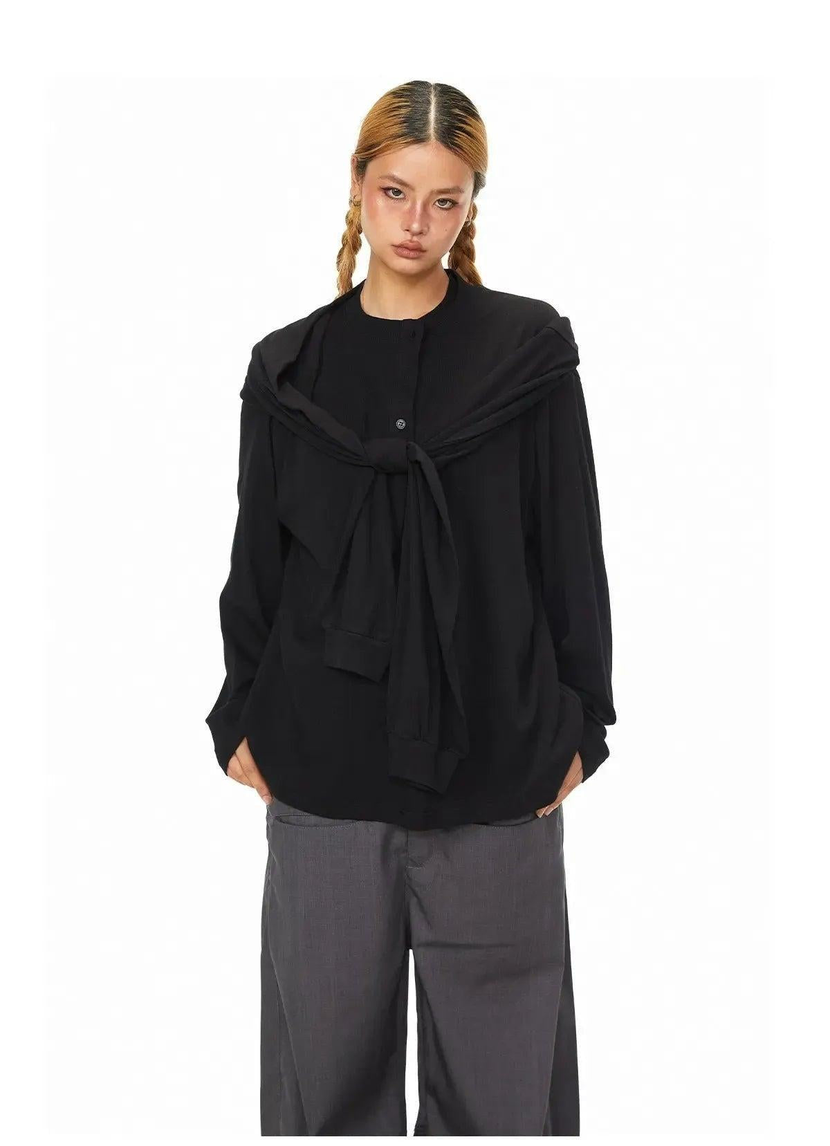 BB Buttoned Shawl Detail Long Sleeve T-Shirt-korean-fashion-T-Shirt-BB's Closet-OH Garments