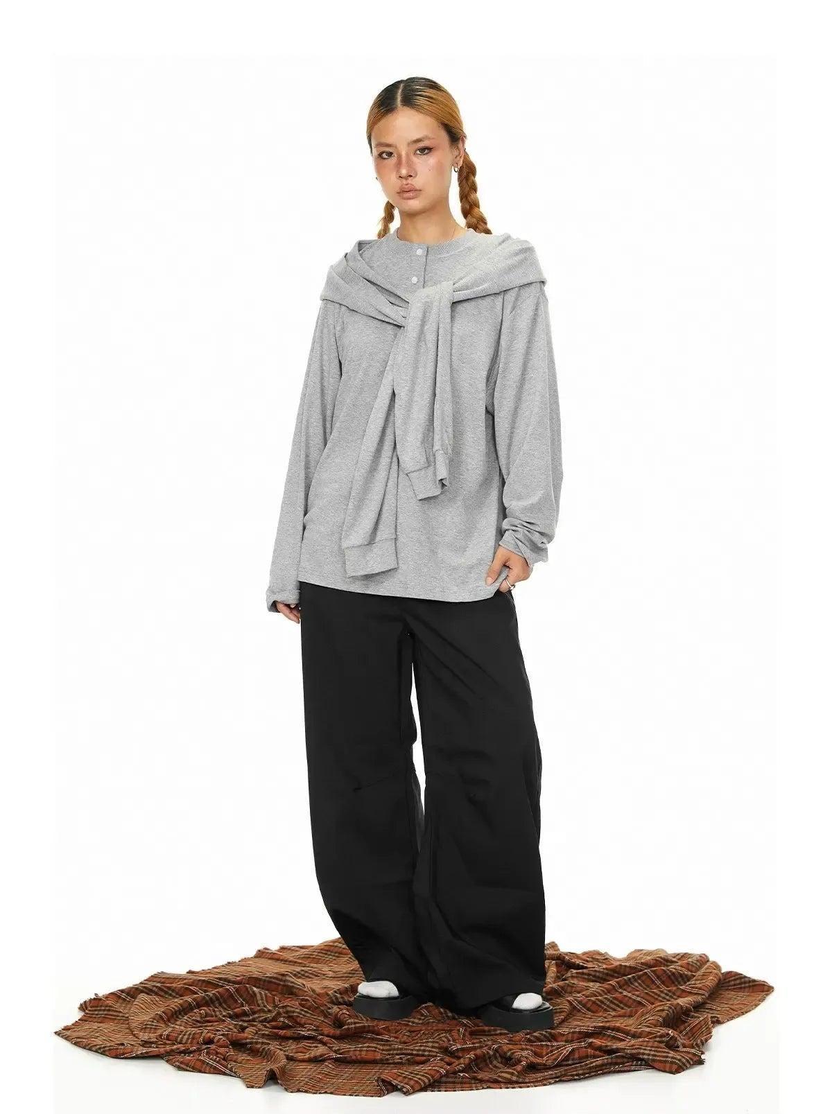 BB Buttoned Shawl Detail Long Sleeve T-Shirt-korean-fashion-T-Shirt-BB's Closet-OH Garments