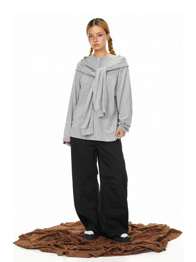 BB Buttoned Shawl Detail Long Sleeve T-Shirt-korean-fashion-T-Shirt-BB's Closet-OH Garments