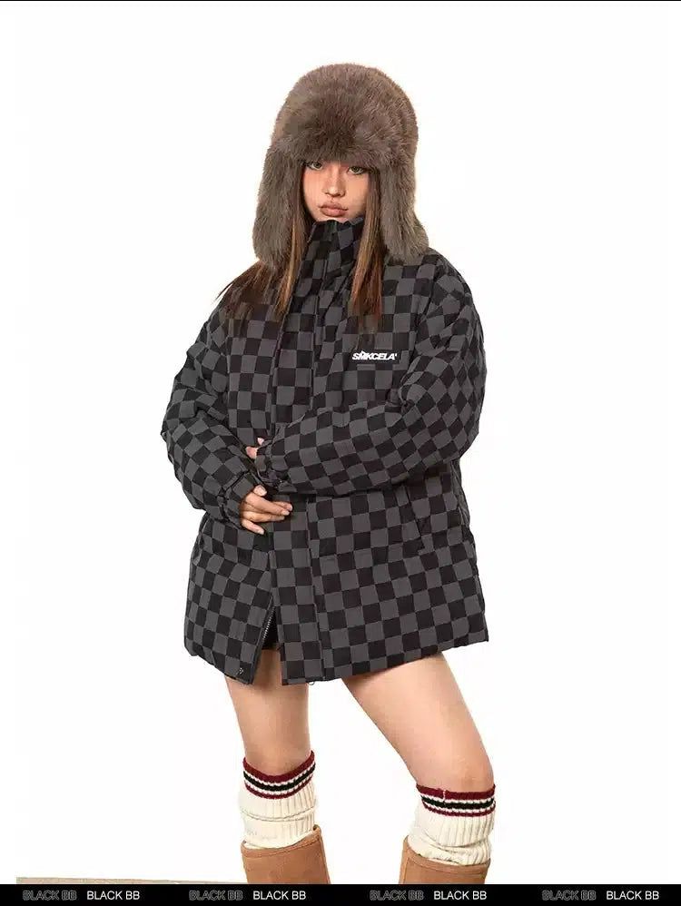 BB Checkerboard Stand Collar Puffer Jacket-korean-fashion-Jacket-BB's Closet-OH Garments