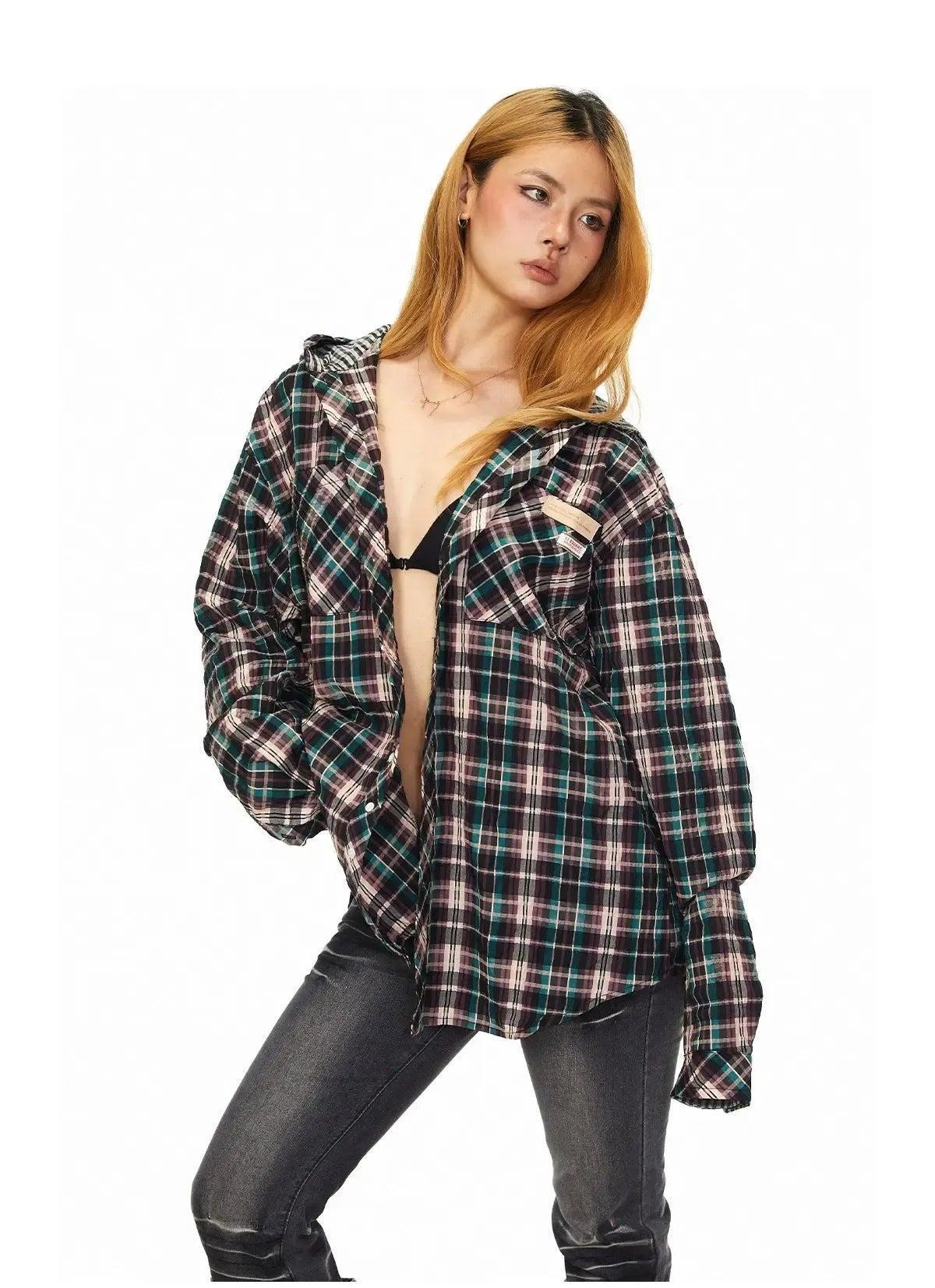 BB Contrast Checkered Hooded Shirt-korean-fashion-Shirt-BB's Closet-OH Garments