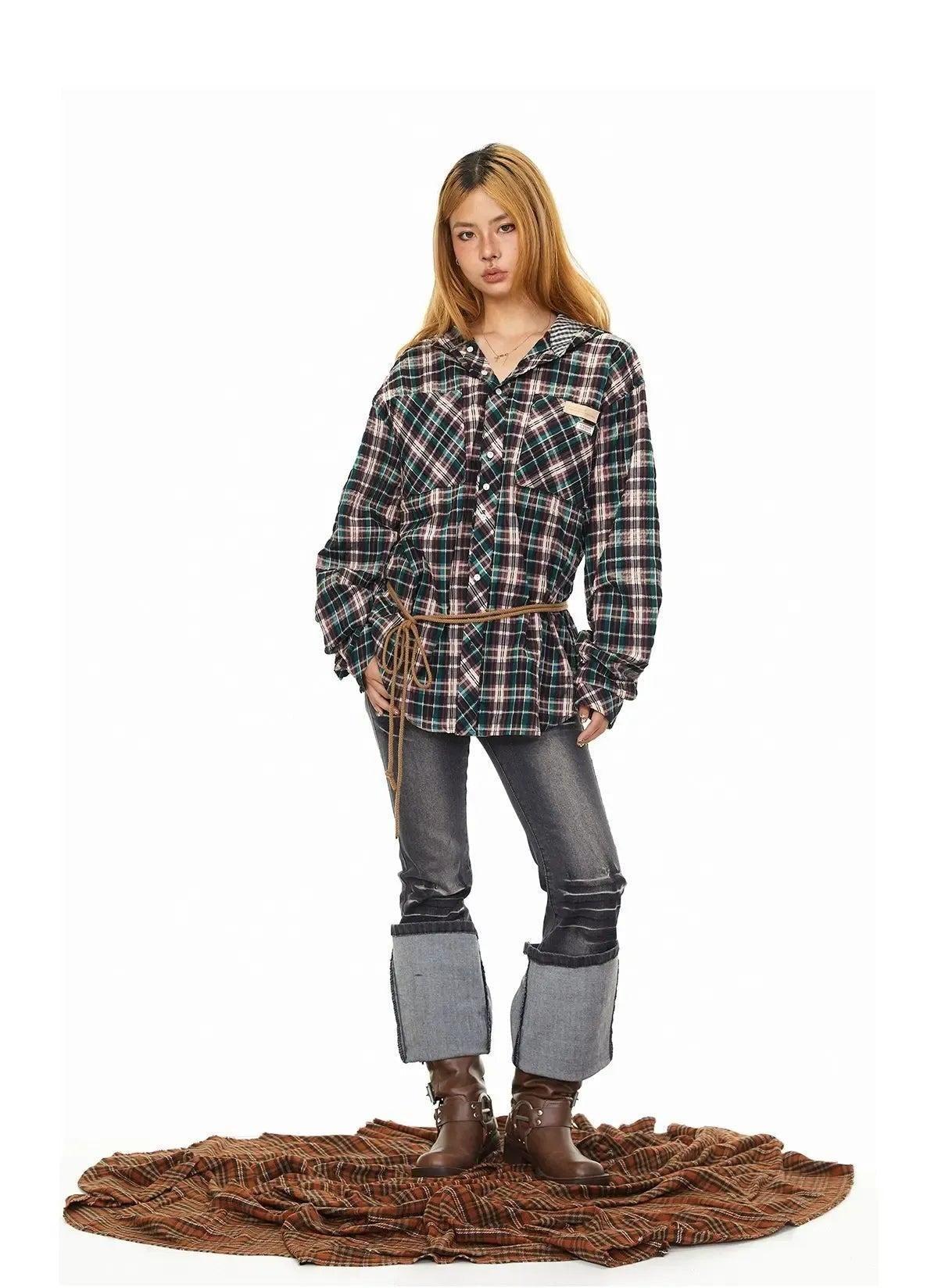 BB Contrast Checkered Hooded Shirt-korean-fashion-Shirt-BB's Closet-OH Garments