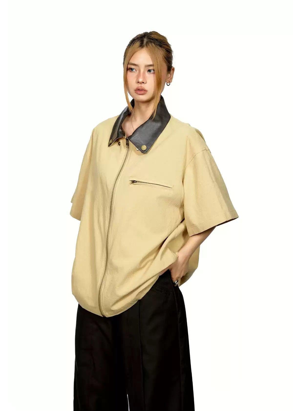 BB Contrast Leather Lapel Zipped Shirt-korean-fashion-Shirt-BB's Closet-OH Garments