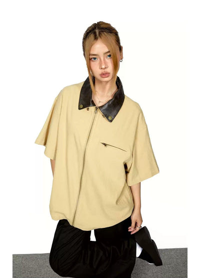 BB Contrast Leather Lapel Zipped Shirt-korean-fashion-Shirt-BB's Closet-OH Garments