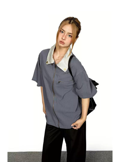 BB Contrast Leather Lapel Zipped Shirt-korean-fashion-Shirt-BB's Closet-OH Garments