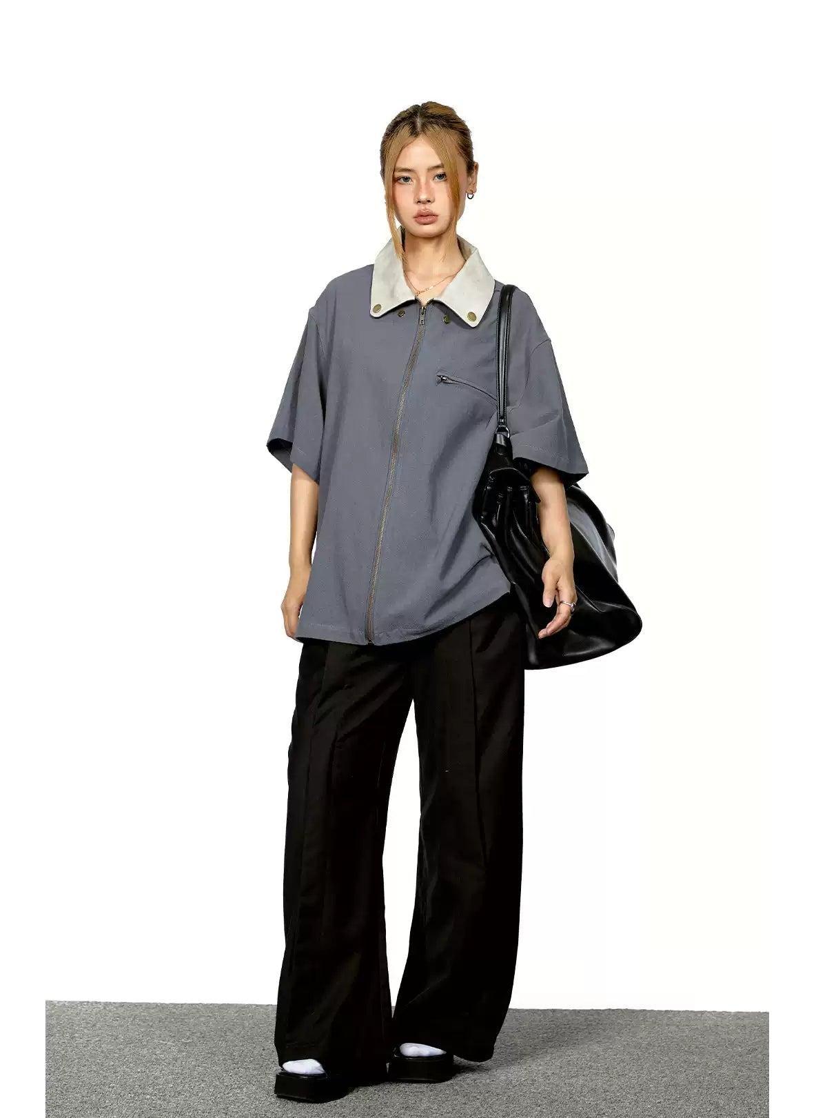 BB Contrast Leather Lapel Zipped Shirt-korean-fashion-Shirt-BB's Closet-OH Garments