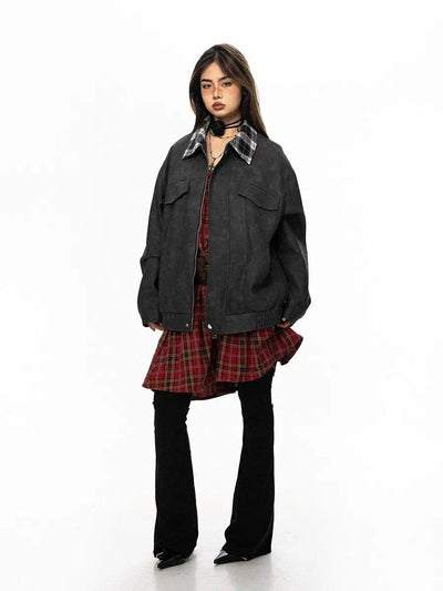 BB Contrast Plaid Lapel PU Leather Jacket-korean-fashion-Jacket-BB's Closet-OH Garments