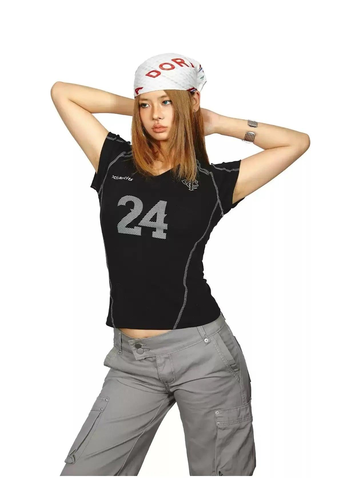 BB Contrast Seamed V-Neck T-Shirt-korean-fashion-T-Shirt-BB's Closet-OH Garments