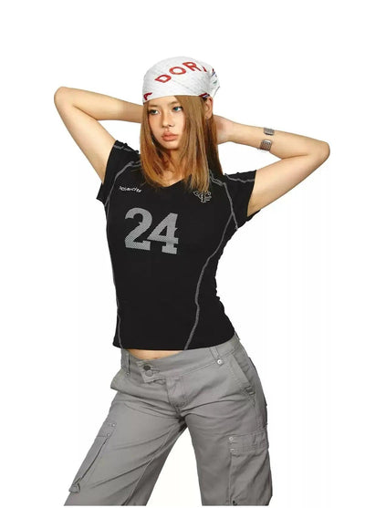 BB Contrast Seamed V-Neck T-Shirt-korean-fashion-T-Shirt-BB's Closet-OH Garments