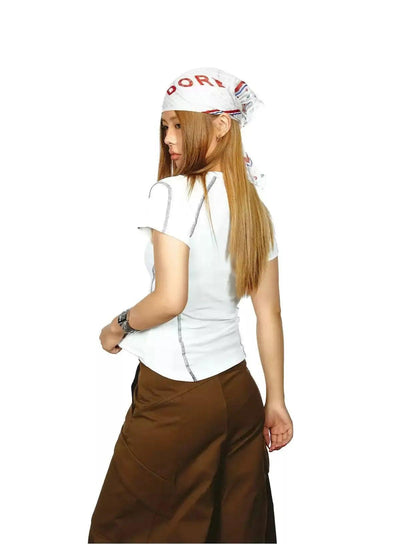 BB Contrast Seamed V-Neck T-Shirt-korean-fashion-T-Shirt-BB's Closet-OH Garments