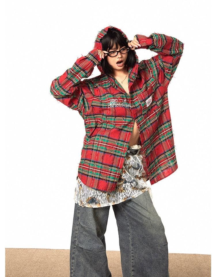 BB Distressed Hooded Plaid Flannel Shirt-korean-fashion-Shirt-BB's Closet-OH Garments