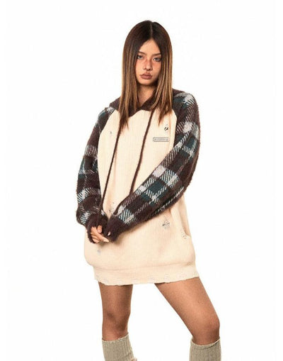 BB Distressed Plaid Contrast Knit Hoodie-korean-fashion-Hoodie-BB's Closet-OH Garments