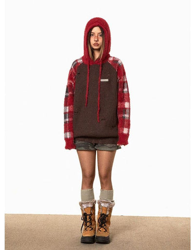 BB Distressed Plaid Contrast Knit Hoodie-korean-fashion-Hoodie-BB's Closet-OH Garments