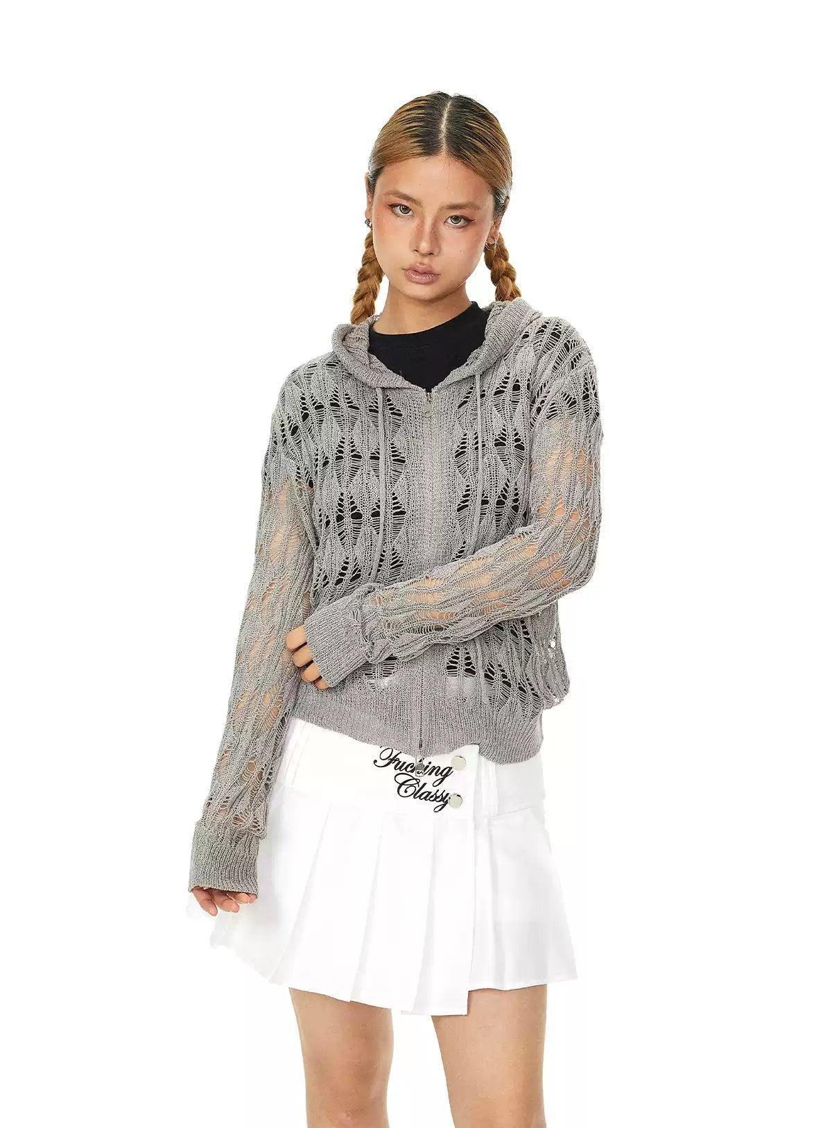 BB Drawstring Hollow Knit Zip-Up Hoodie-korean-fashion-Hoodie-BB's Closet-OH Garments