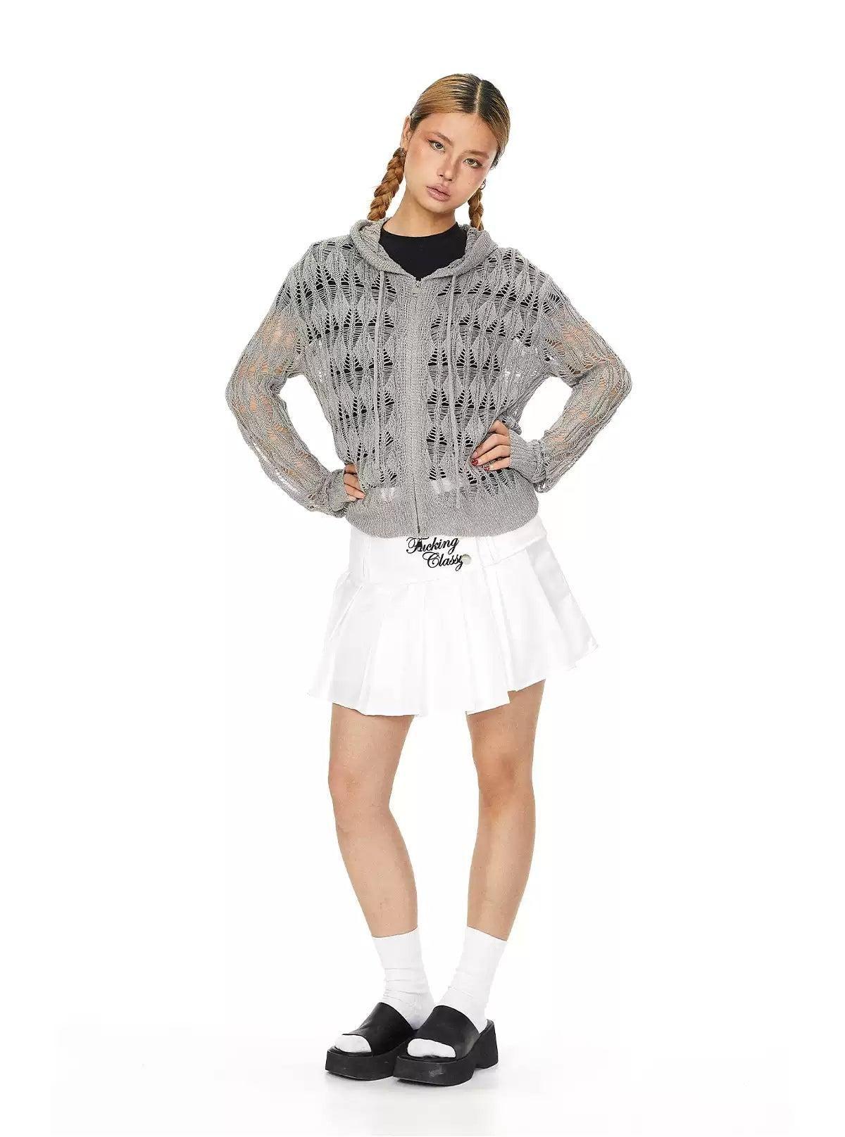 BB Drawstring Hollow Knit Zip-Up Hoodie-korean-fashion-Hoodie-BB's Closet-OH Garments