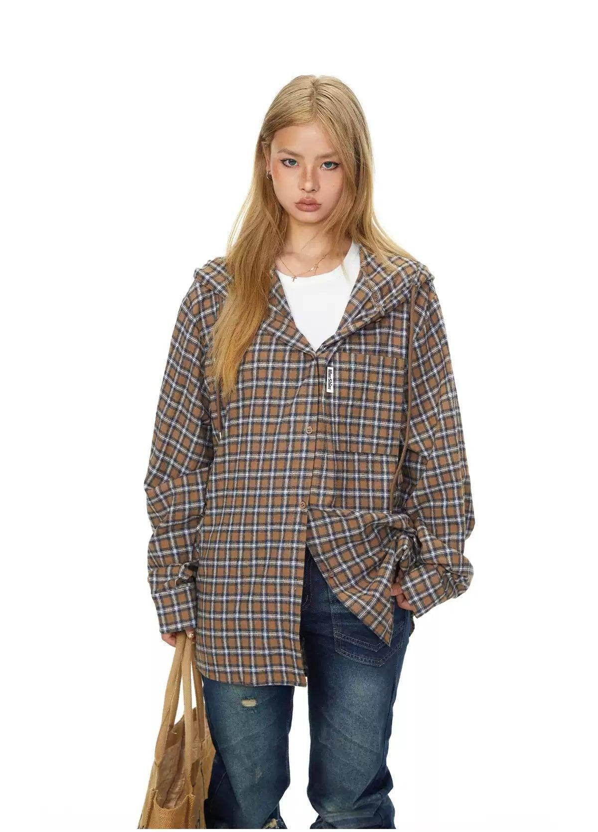 BB Drawstring Hooded Plaid Outer Shirt-korean-fashion-Jacket-BB's Closet-OH Garments