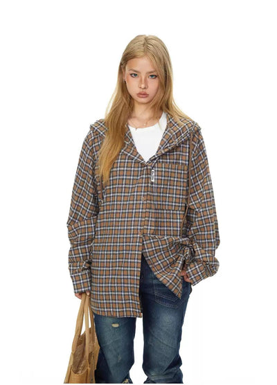 BB Drawstring Hooded Plaid Outer Shirt-korean-fashion-Jacket-BB's Closet-OH Garments