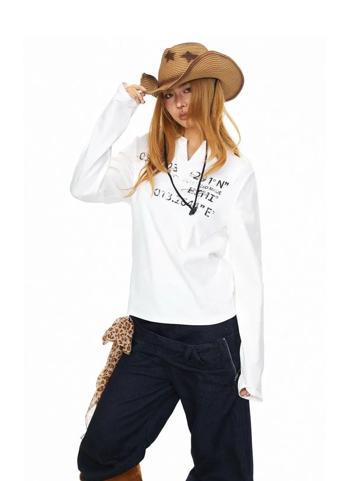 BB Faded Print V-Neck Long Sleeve T-Shirt-korean-fashion-T-Shirt-BB's Closet-OH Garments