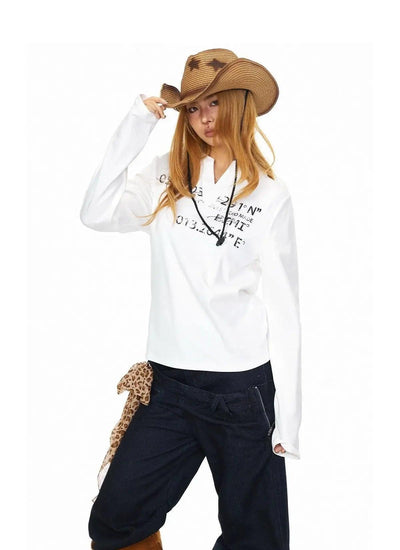 BB Faded Print V-Neck Long Sleeve T-Shirt-korean-fashion-T-Shirt-BB's Closet-OH Garments