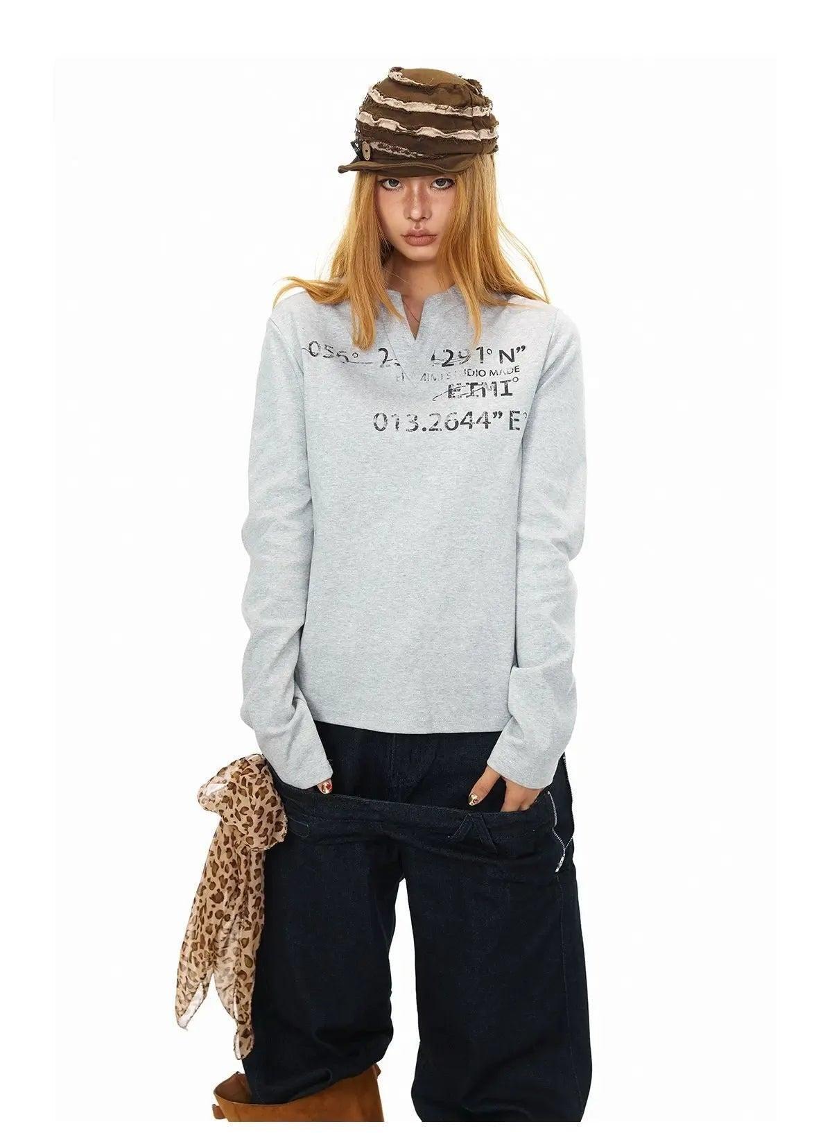 BB Faded Print V-Neck Long Sleeve T-Shirt-korean-fashion-T-Shirt-BB's Closet-OH Garments