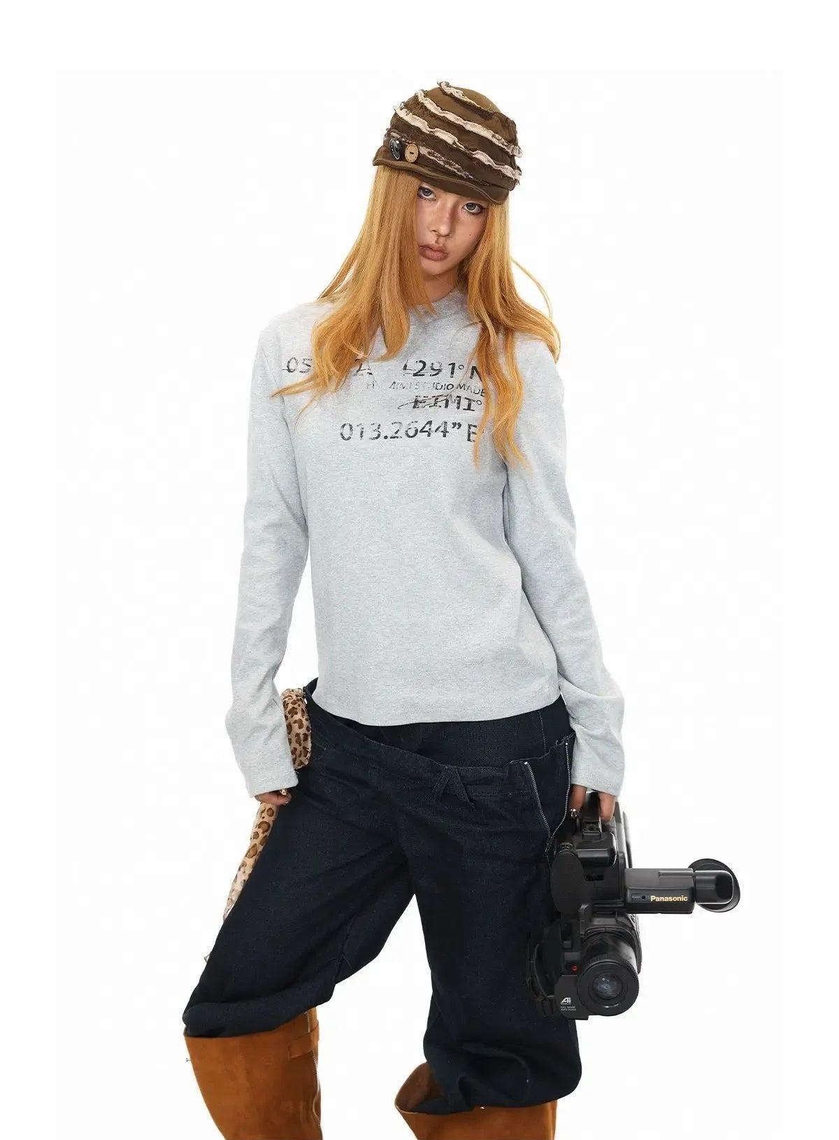 BB Faded Print V-Neck Long Sleeve T-Shirt-korean-fashion-T-Shirt-BB's Closet-OH Garments