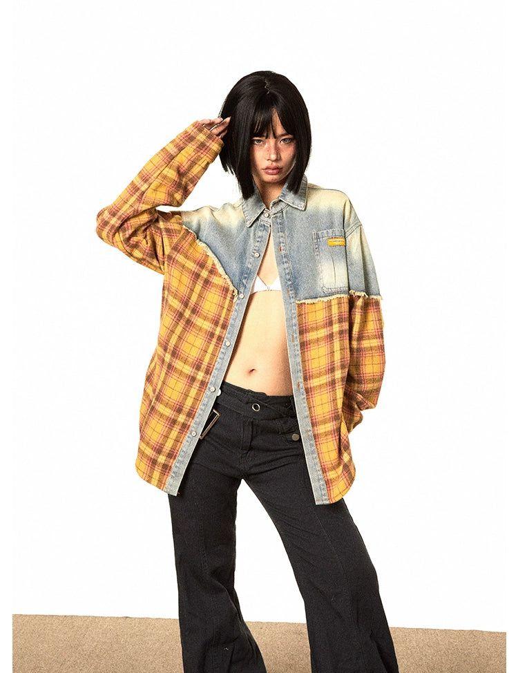 BB Frayed Denim and Plaid Splice Shirt-korean-fashion-Shirt-BB's Closet-OH Garments