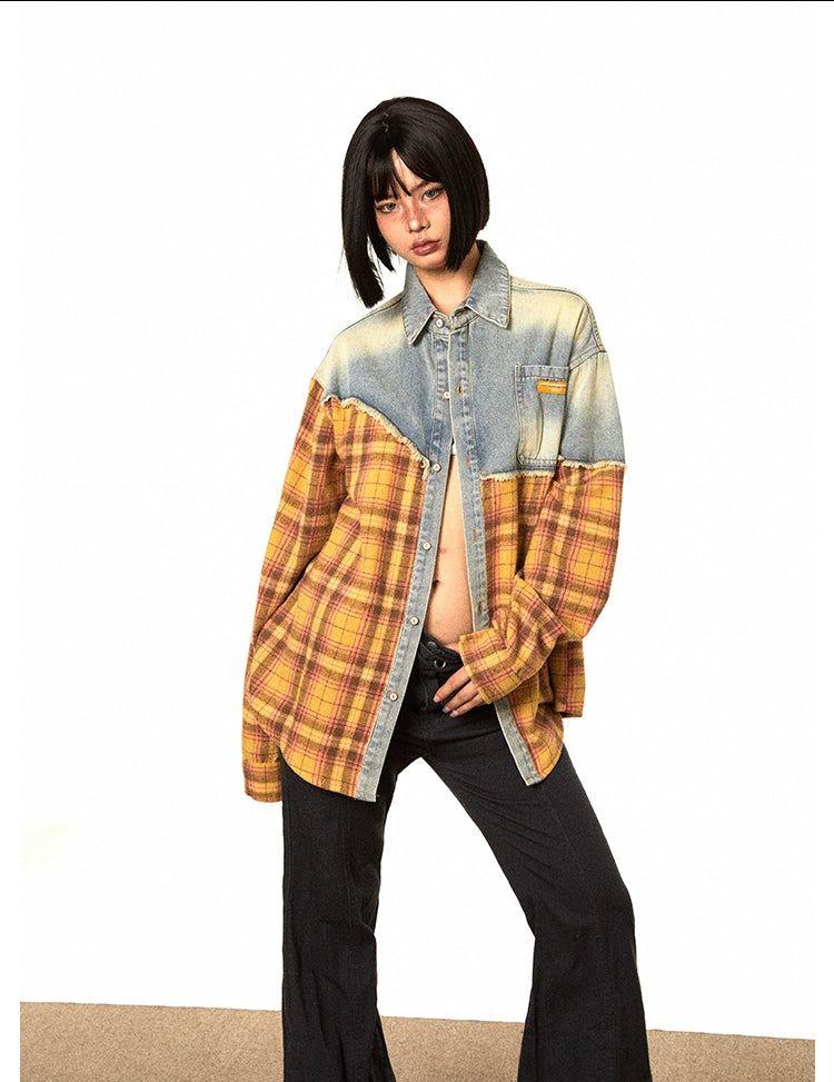 BB Frayed Denim and Plaid Splice Shirt-korean-fashion-Shirt-BB's Closet-OH Garments