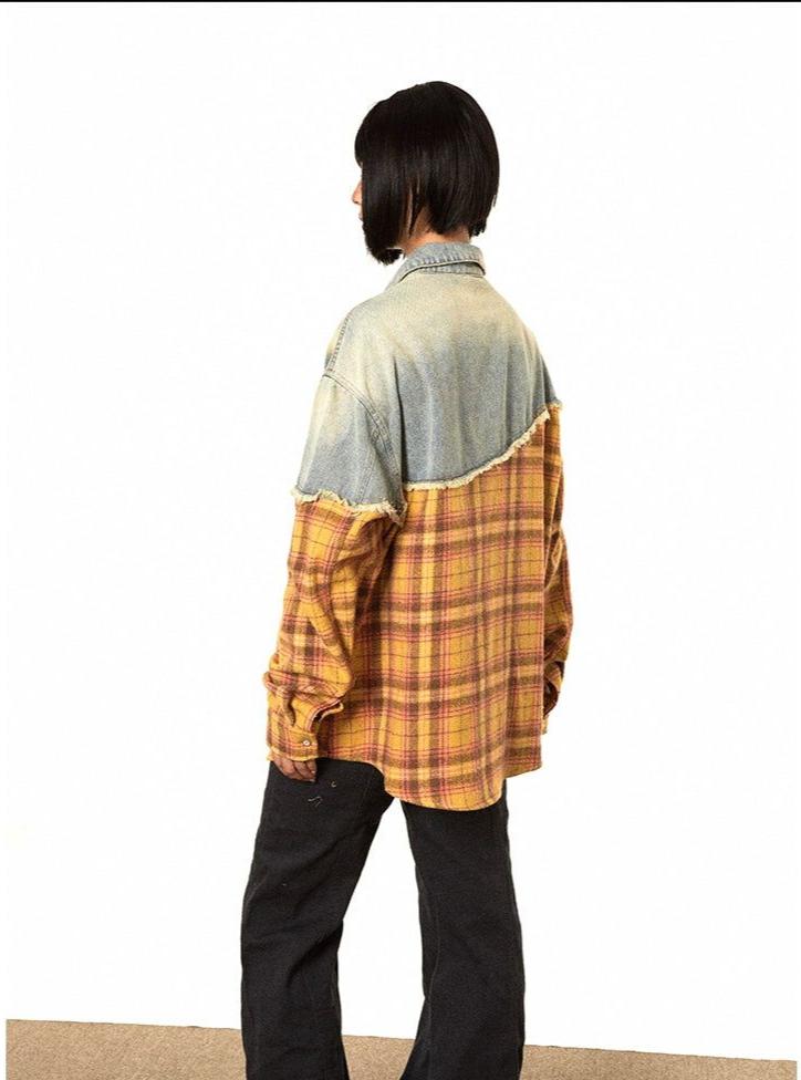 BB Frayed Denim and Plaid Splice Shirt-korean-fashion-Shirt-BB's Closet-OH Garments