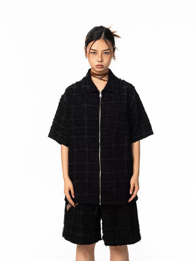 BB Fuzzy Checkered Zipped Shirt & Shorts Set-korean-fashion-Clothing Set-BB's Closet-OH Garments
