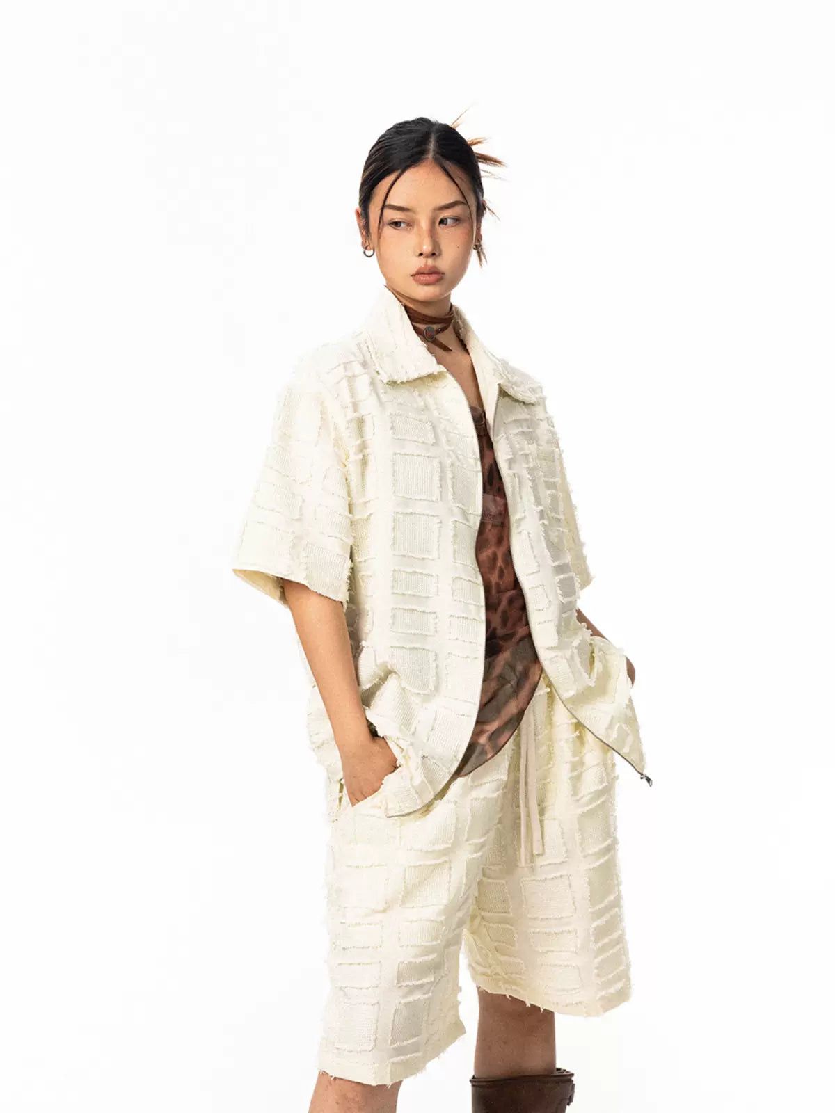 BB Fuzzy Checkered Zipped Shirt & Shorts Set-korean-fashion-Clothing Set-BB's Closet-OH Garments