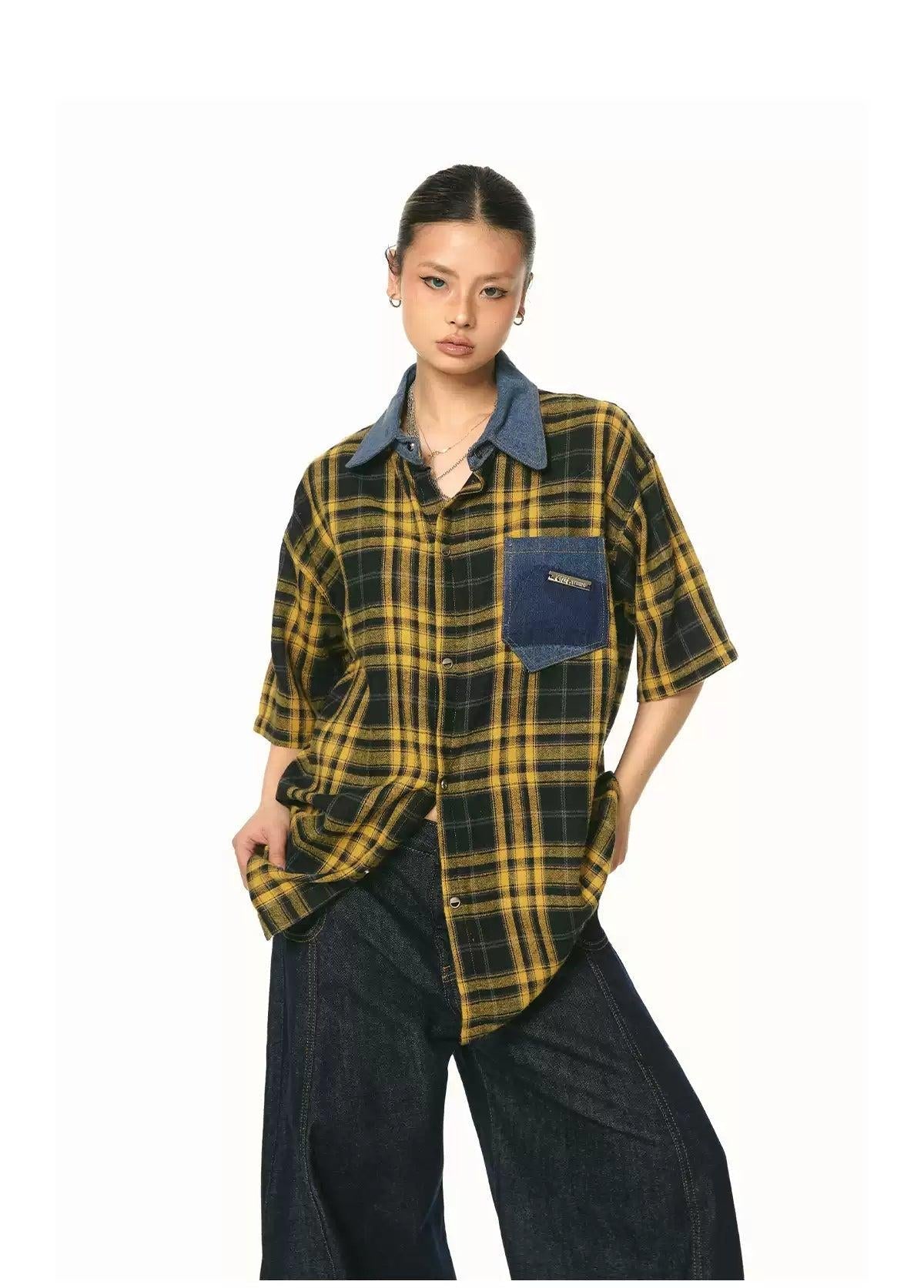 BB Metallic Check Denim Panel Shirt-korean-fashion-Shirt-BB's Closet-OH Garments