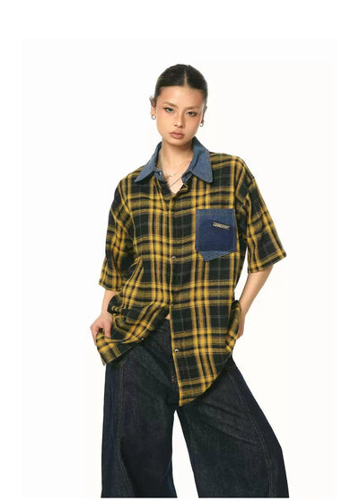 BB Metallic Check Denim Panel Shirt-korean-fashion-Shirt-BB's Closet-OH Garments