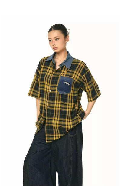 BB Metallic Check Denim Panel Shirt-korean-fashion-Shirt-BB's Closet-OH Garments