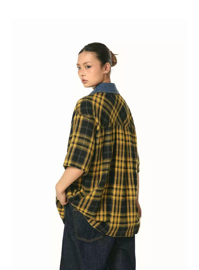 BB Metallic Check Denim Panel Shirt-korean-fashion-Shirt-BB's Closet-OH Garments