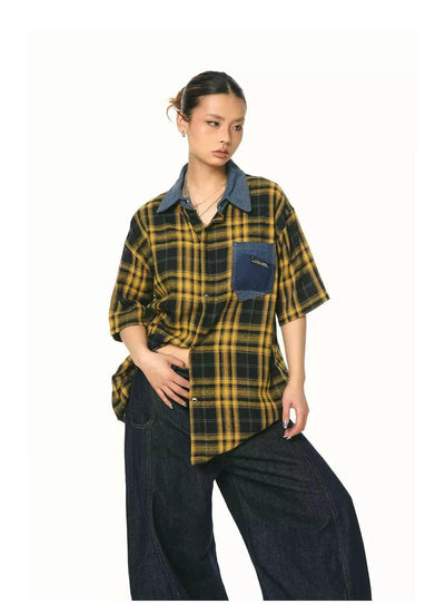 BB Metallic Check Denim Panel Shirt-korean-fashion-Shirt-BB's Closet-OH Garments