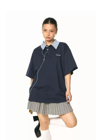 BB Plaid Collar Embroidery Polo-korean-fashion-Polo-BB's Closet-OH Garments