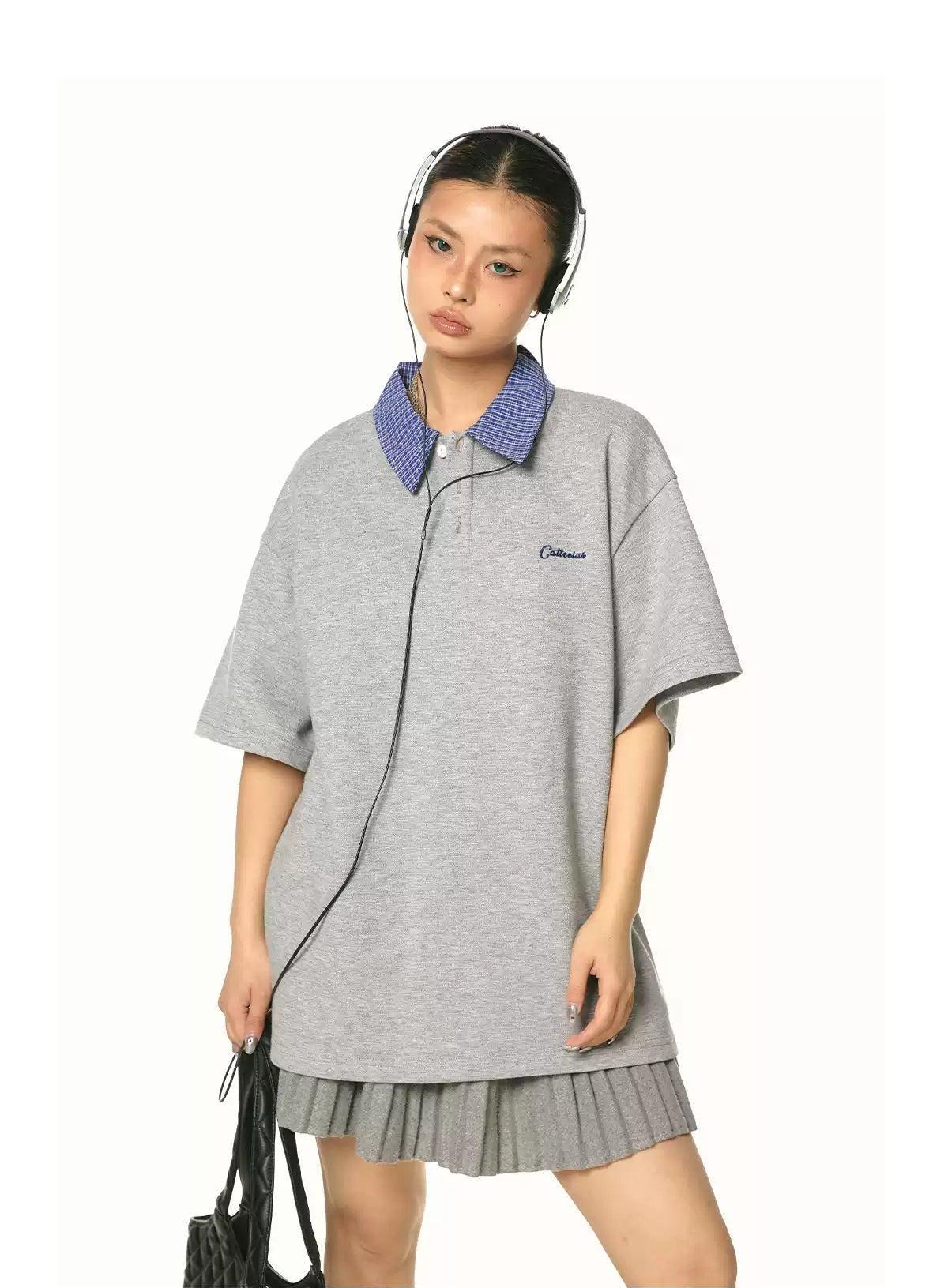 BB Plaid Collar Embroidery Polo-korean-fashion-Polo-BB's Closet-OH Garments