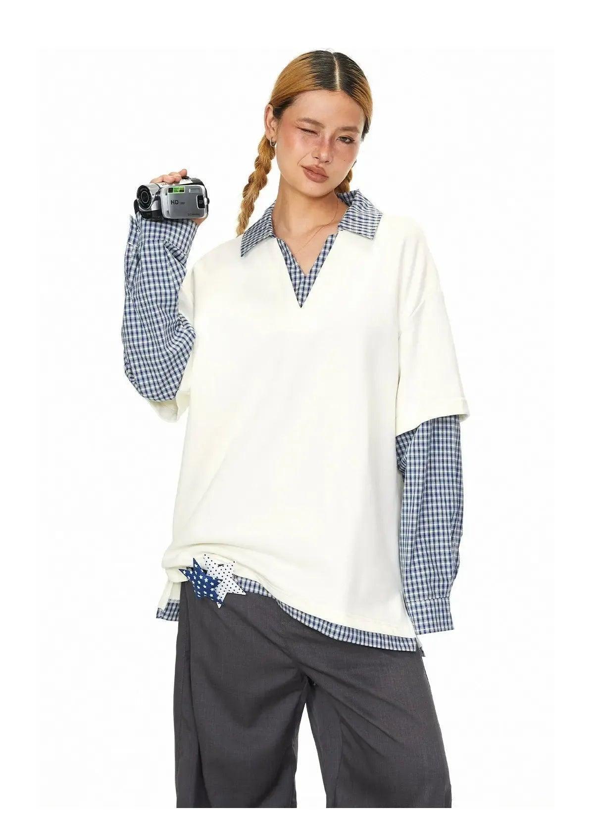 BB Plaid Spliced V-Neck Polo-korean-fashion-Polo-BB's Closet-OH Garments