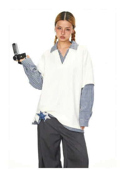 BB Plaid Spliced V-Neck Polo-korean-fashion-Polo-BB's Closet-OH Garments
