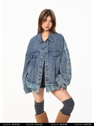 BB Plaid Stitched Raw Edge Denim Jacket-korean-fashion-Jacket-BB's Closet-OH Garments