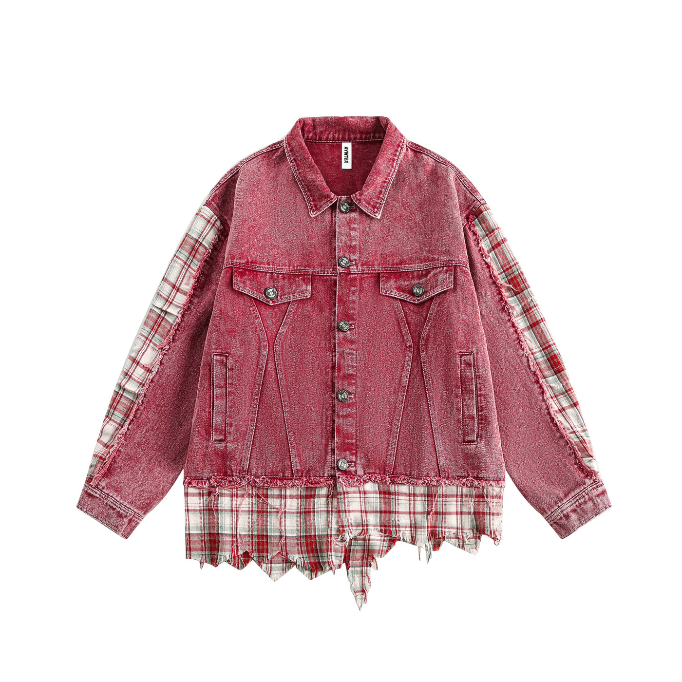 BB Plaid Stitched Raw Edge Denim Jacket-korean-fashion-Jacket-BB's Closet-OH Garments