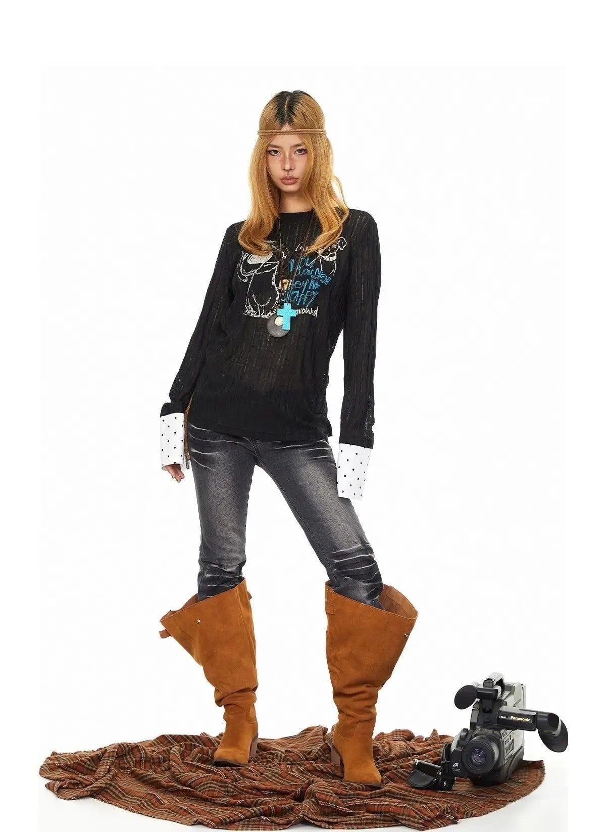 BB Puppy Graphic Polka Dots Long Sleeve T-Shirt-korean-fashion-T-Shirt-BB's Closet-OH Garments