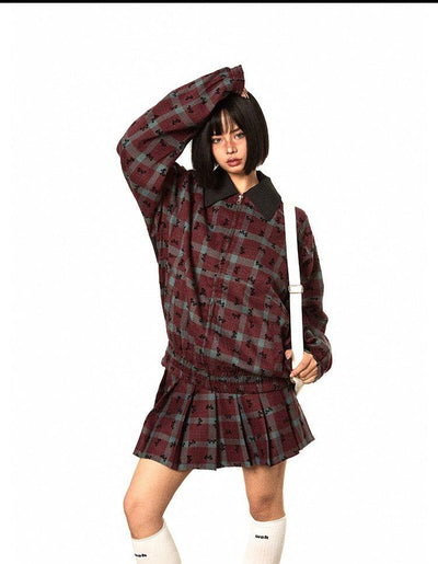 BB Ribbon Bow Pattern Plaid Jacket & Pleated Skirt Set-korean-fashion-Clothing Set-BB's Closet-OH Garments