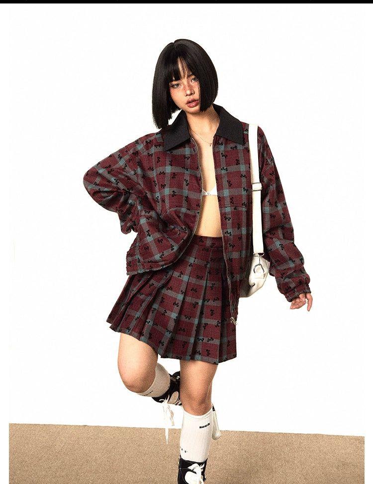 BB Ribbon Bow Pattern Plaid Jacket & Pleated Skirt Set-korean-fashion-Clothing Set-BB's Closet-OH Garments