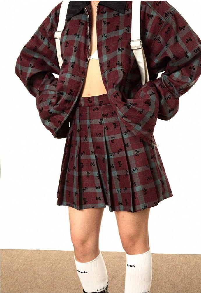 BB Ribbon Bow Pattern Plaid Jacket & Pleated Skirt Set-korean-fashion-Clothing Set-BB's Closet-OH Garments